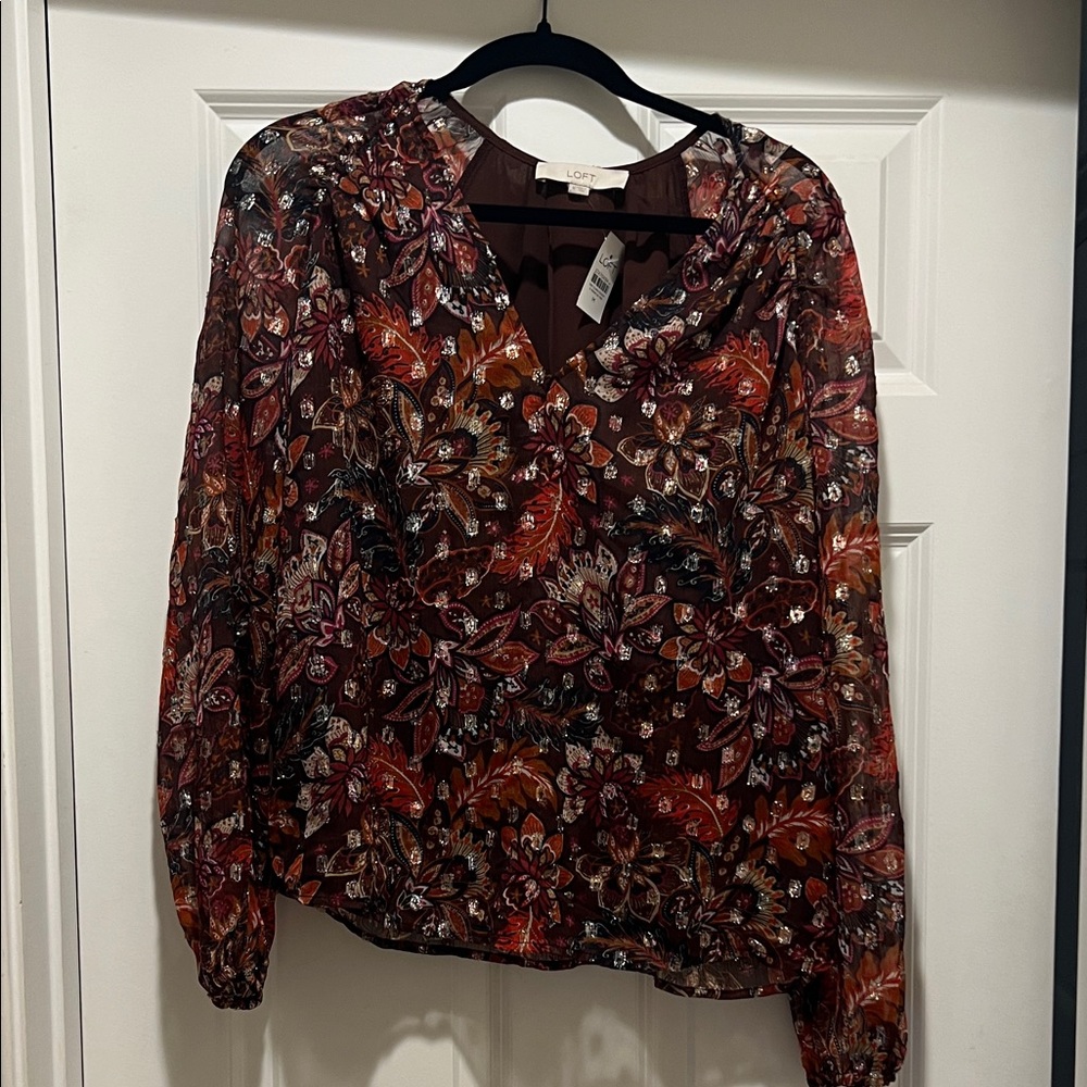 LOFT Floral V-Neck Blouse - Brown and Red